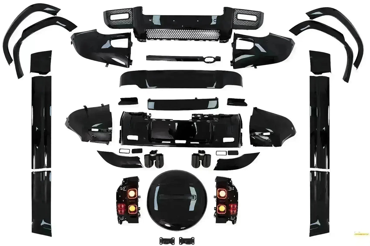 Bodykit für Land Rover Defender SUV L663 2019+ Schwarz Stoßstange Spoiler Kühlergrill Radhäuser Rücklichter CarPartsTuning