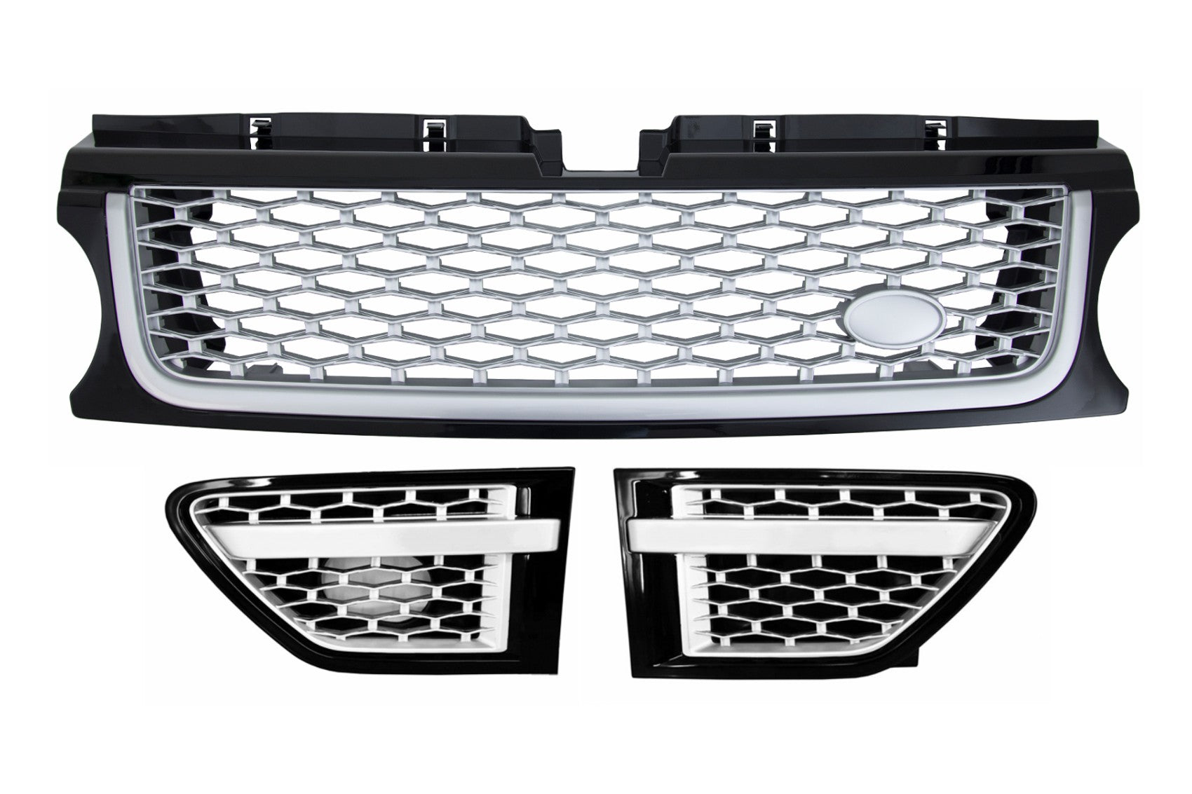 Frontgrill Und Seitliche Lüftungsschlitze Passend Für Land Range Rover Sport L320 Facelift (2009-2013) Autobiography Look Black Silver Edition KITT