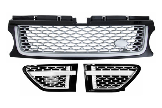 Frontgrill Und Seitliche Lüftungsschlitze Passend Für Land Range Rover Sport L320 Facelift (2009-2013) Autobiography Look Black Silver Edition KITT
