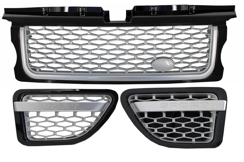 Frontgrill Und Seitliche Lüftungsschlitze Passend Für Land Range Rover Sport L320 (2005-2008) Autobiography Look Black Silver Edition KITT