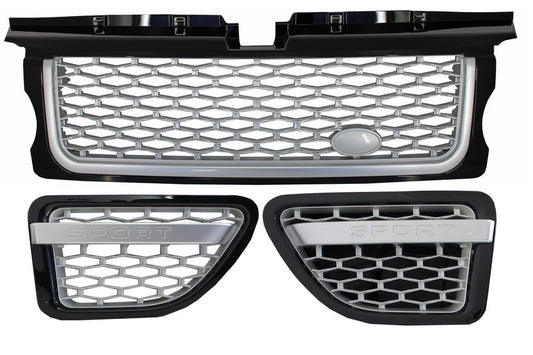 Frontgrill Und Seitliche Lüftungsschlitze Passend Für Land Range Rover Sport L320 (2005-2008) Autobiography Look Black Silver Edition KITT