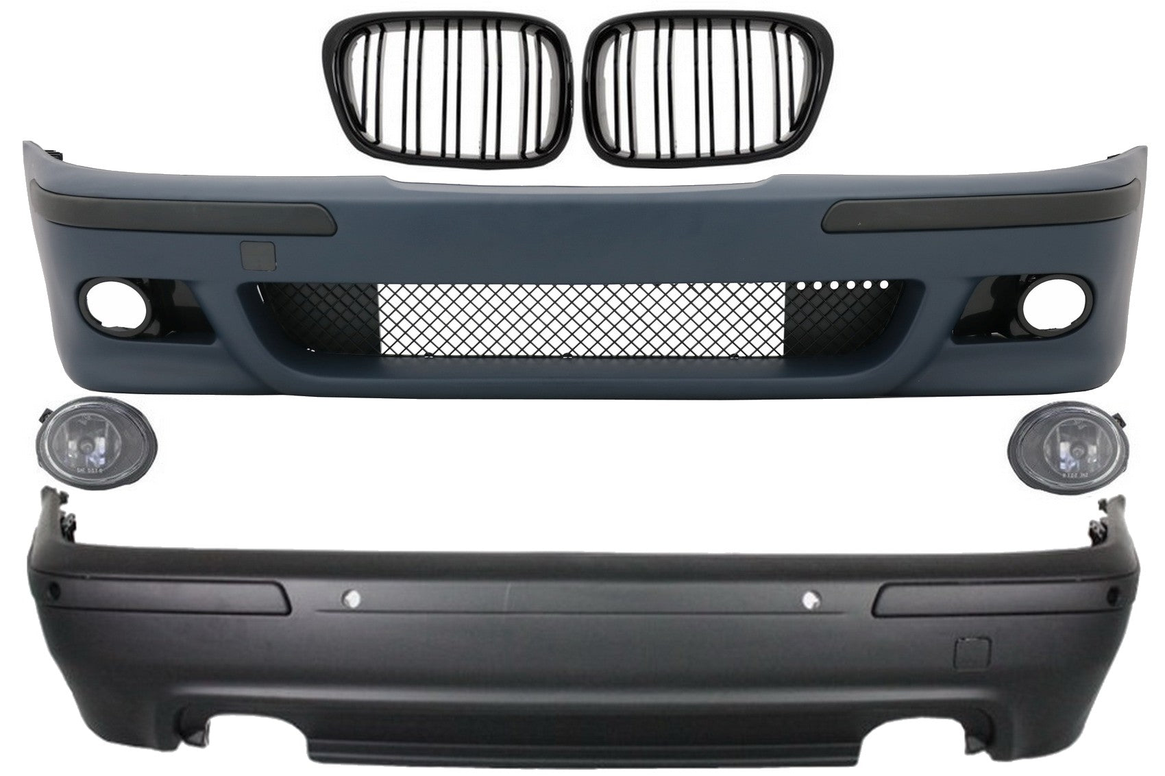 Kit für BMW 5 E39 97-03 Double Outlet M5 Look Nebellichter Chrom Gitter Schwarz CarPartsTuning