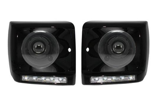 Abdeckungen LED DRL für Mercedes G W463 89-12 G65 Scheinwerfer Bi-Xenon Look CarPartsTuning