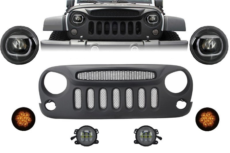 Scheinwerfer Kühlergrill für Jeep Wrangler Rubicon JK 07-17 LED Lichter Spectre Mask CarPartsTuning