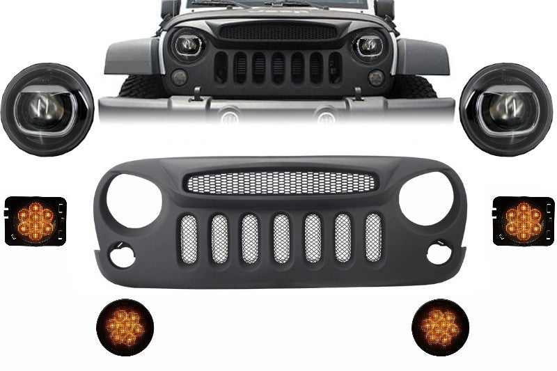 Kühlergrill Scheinwerfer für JEEP Wrangler Rubicon JK 07-17 Kotflügelseiten LED Blinker Spectre Mask CarPartsTuning
