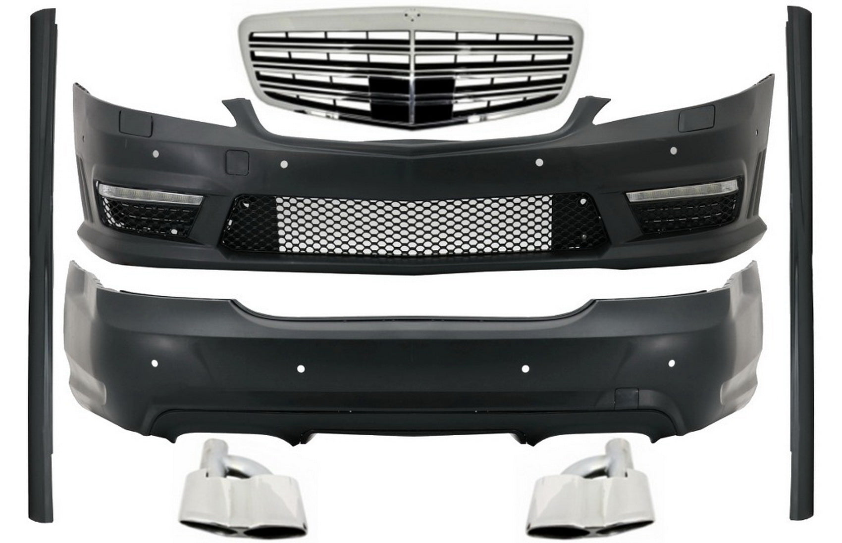 Komplett Kit für Mercedes S W221 LWB 2005-2011 Gitter Seitenschweller Auspuff Tipps CarPartsTuning