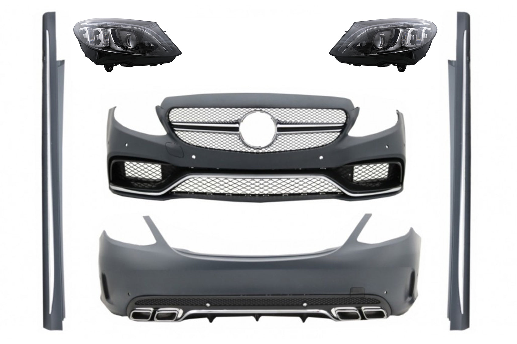 Bodykit mit Full LED Scheinwerfer für Mercedes C W205 Limousine 2014-2018 C63 Design CarPartsTuning