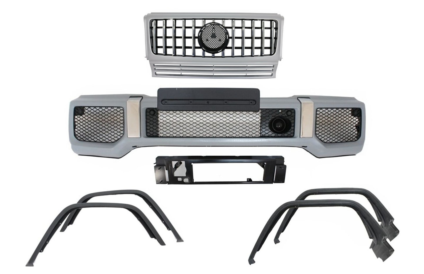 Stoßstange für Mercedes G W463 1990-2014 G65 Look Radkästen Gitter Silber CarPartsTuning