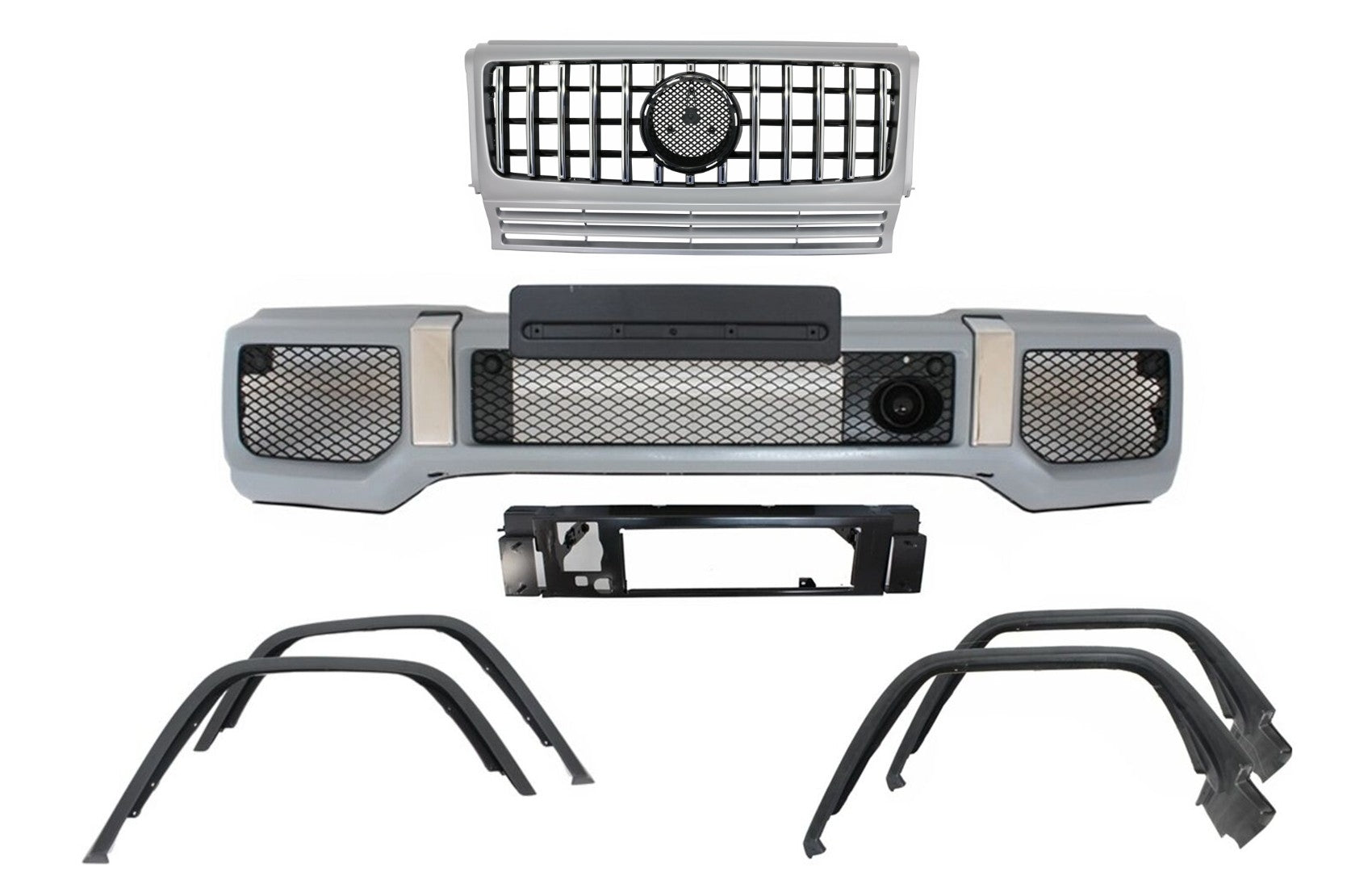 Stoßstange für Mercedes G W463 1990-2014 G65 Look Radkästen Gitter Silber CarPartsTuning