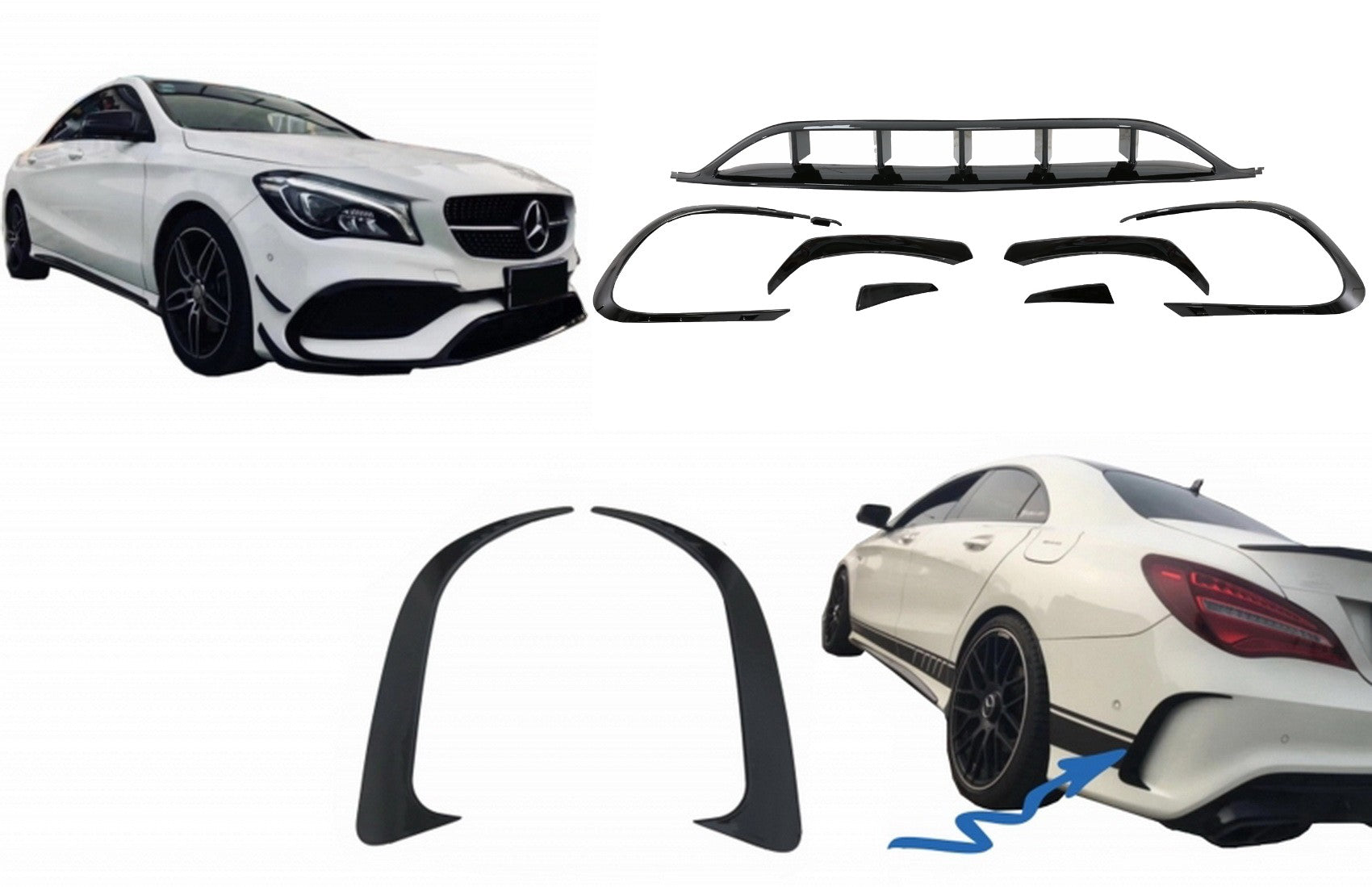 Vorne Hinten Splitters Aero für Mercedes W117 Facelift 16-18 CLA 45 Look Canards CarPartsTuning