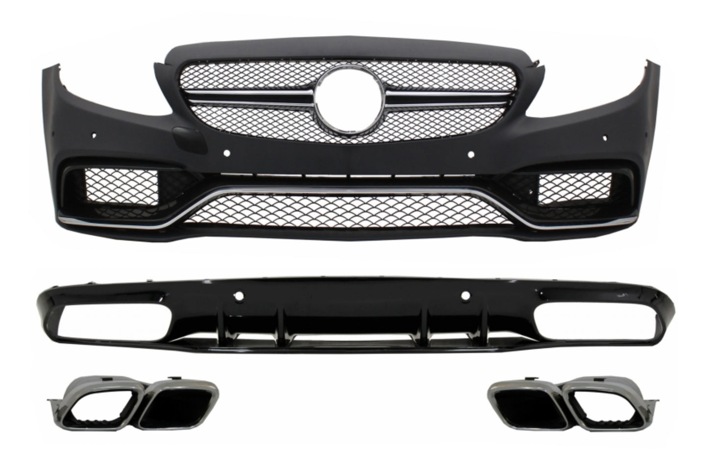 Stoßstange für Mercedes C C205 A205 14-19 C63S Design Silberne Spitzen Diffusor CarPartsTuning