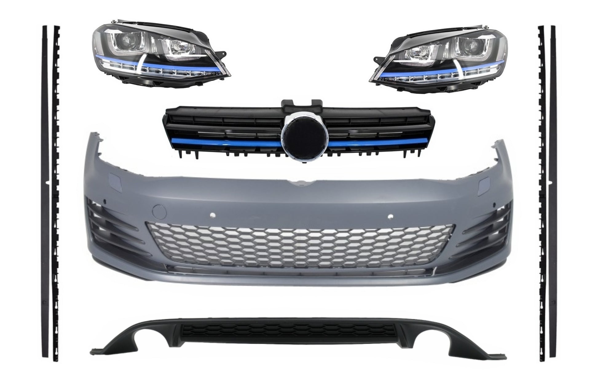 Kit für VW Golf 7 13-17 GTE Look Diffusor Stoßstange Gitter Scheinwerfer Blau CarPartsTuning