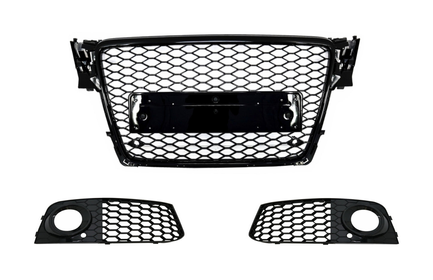 Frontgrill ohne Emblem mit Nebelscheinwerferabdeckungen Seitengitter passend für Audi A4 B8 (2008-2011) RS4 Design Piano Black KITT