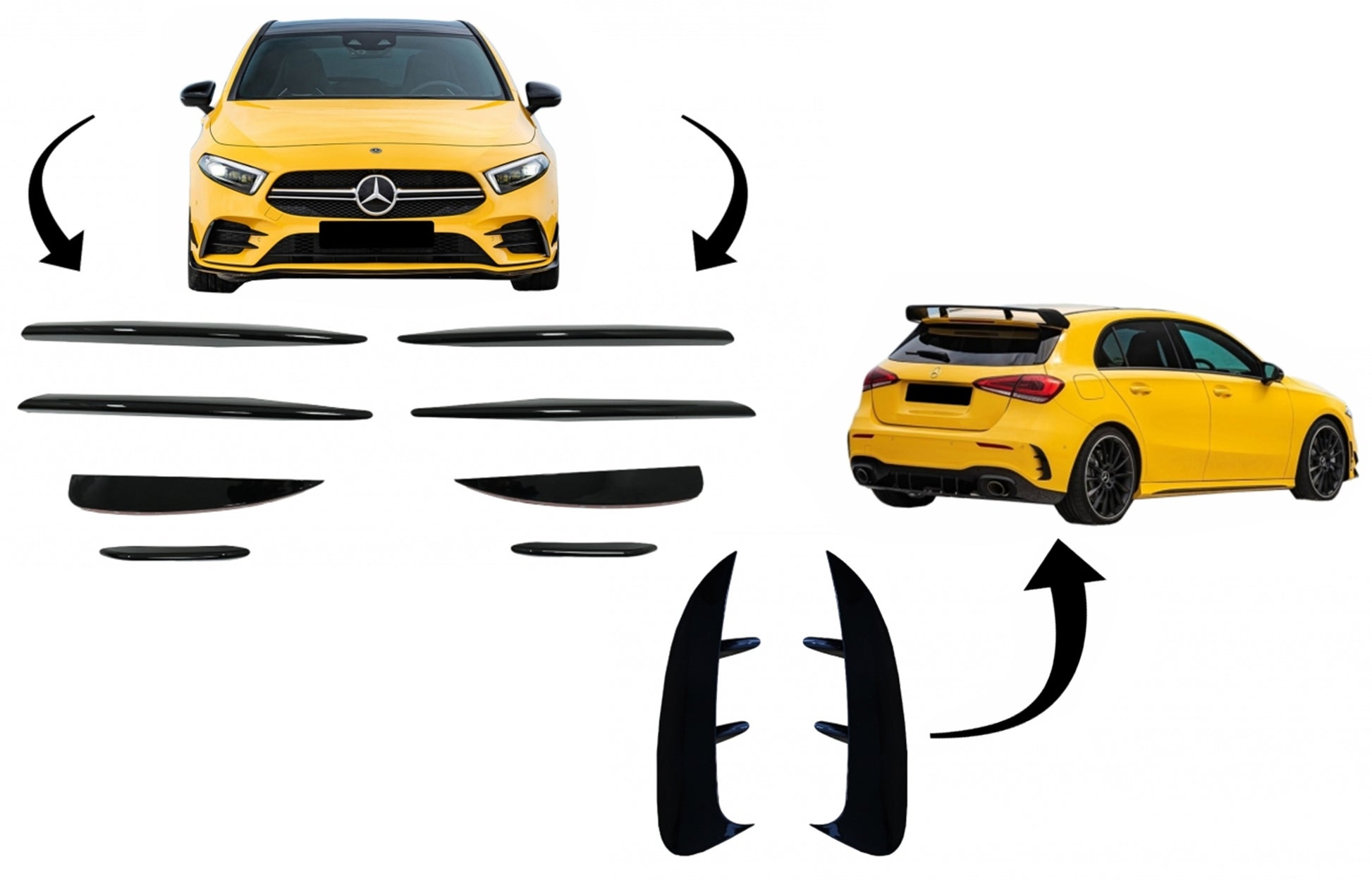 Vorne & Hintere Splitters Flossen Aero für Mercedes W177 04.18+ A45 Look Schwarz CarPartsTuning