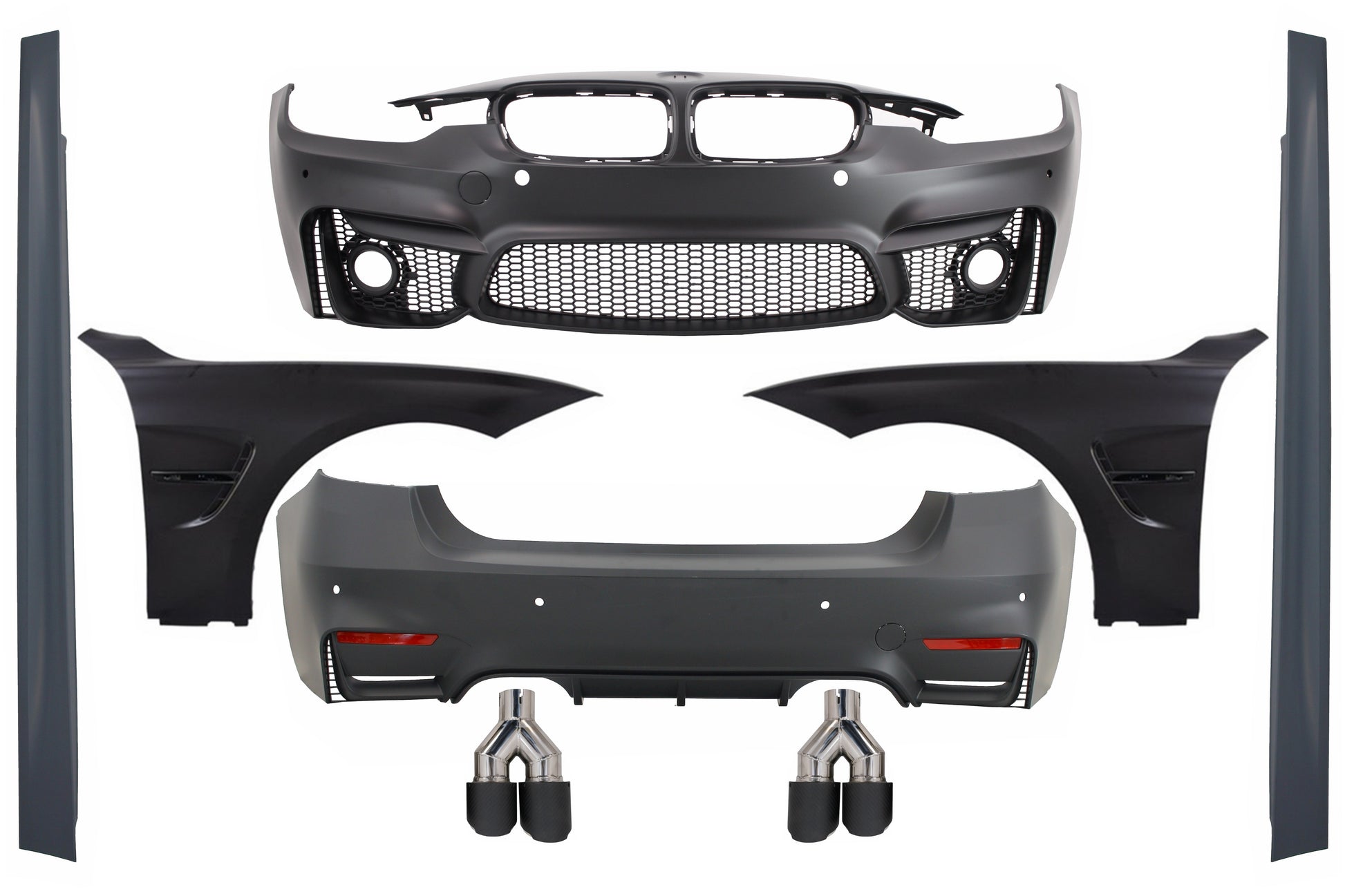 Kit für BMW F30 11-19 EVO II M3 CS Look Vordere Kotflügel Schwarz Auspuff Tipps CarPartsTuning