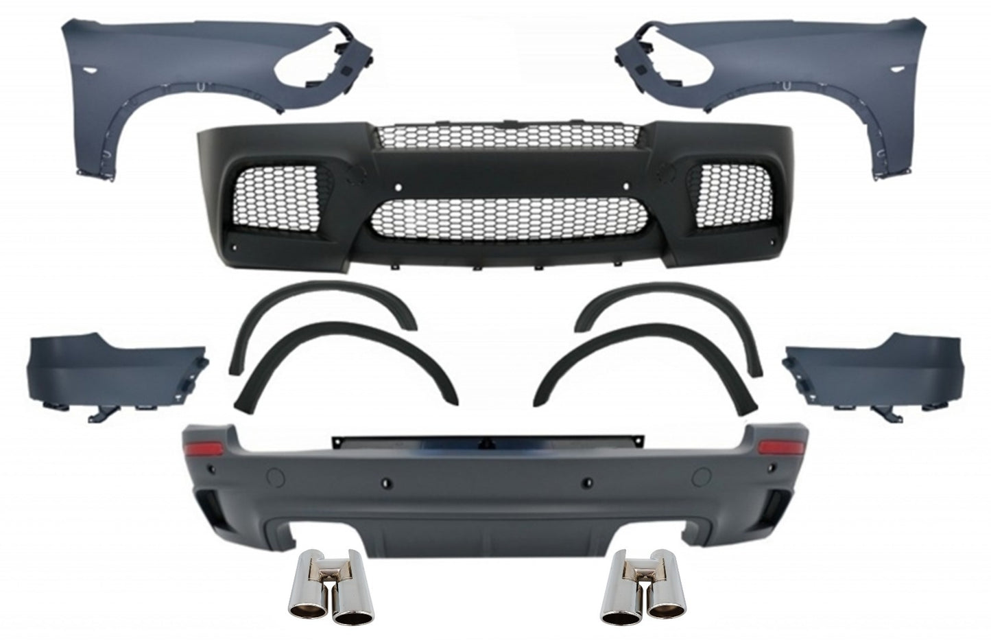 Bodykit für BMW X5 E70 07-13 M Look Kotflügel Auspuff Schalldämpfer Tipps Chrom CarPartsTuning