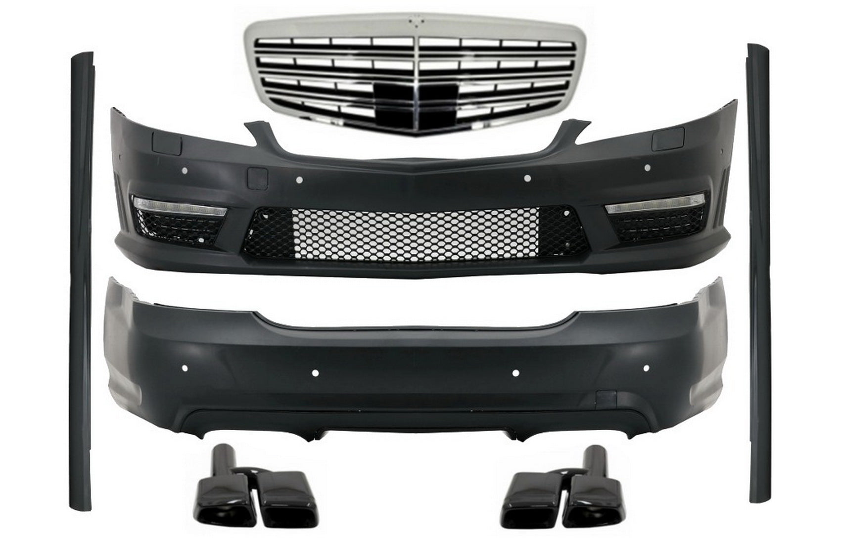 Bodykit für Mercedes S W221 2005-2011 LWB Gitter Chrom Auspuff Tipps Schwarz CarPartsTuning