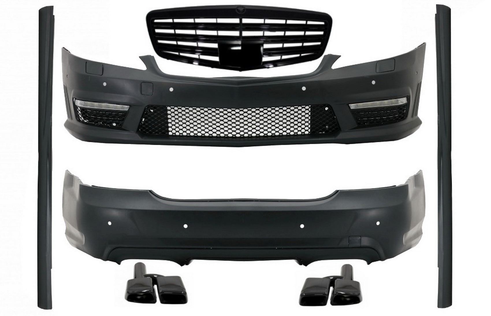 Bodykit für Mercedes S-Klasse W221 2005-2011 LWB Gitter Schalldämpfer Tipps Glänzend schwarz CarPartsTuning