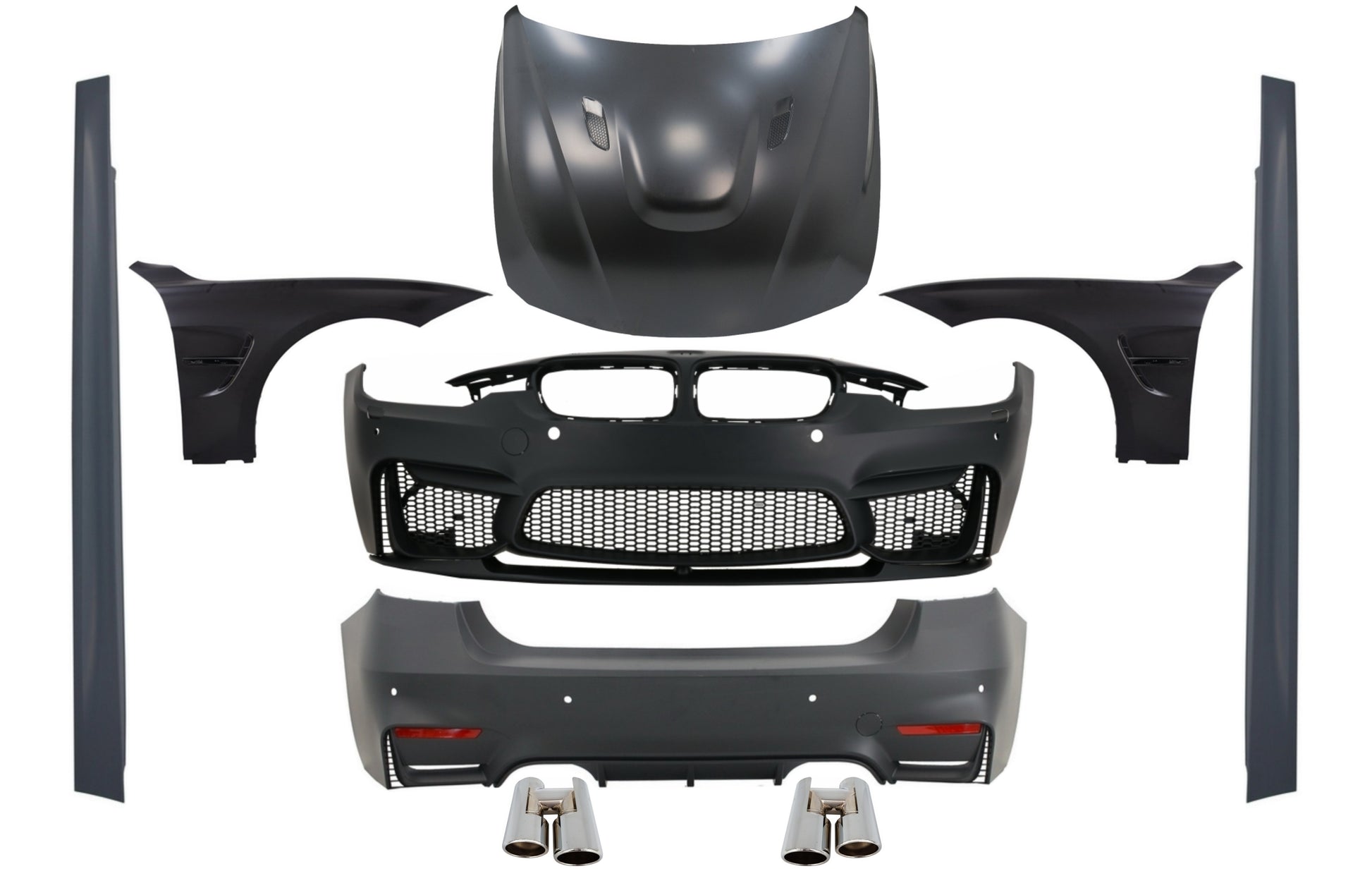 Bodykit für BMW F30 11-19 EVO II M Look Kotflügel Schwarz Motorhaube Tipps Chrom CarPartsTuning