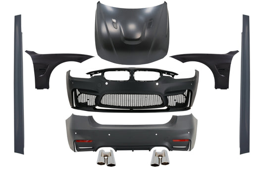 Bodykit für BMW F30 11-19 EVO II M Look Kotflügel Schwarz Motorhaube Tipps Chrom CarPartsTuning