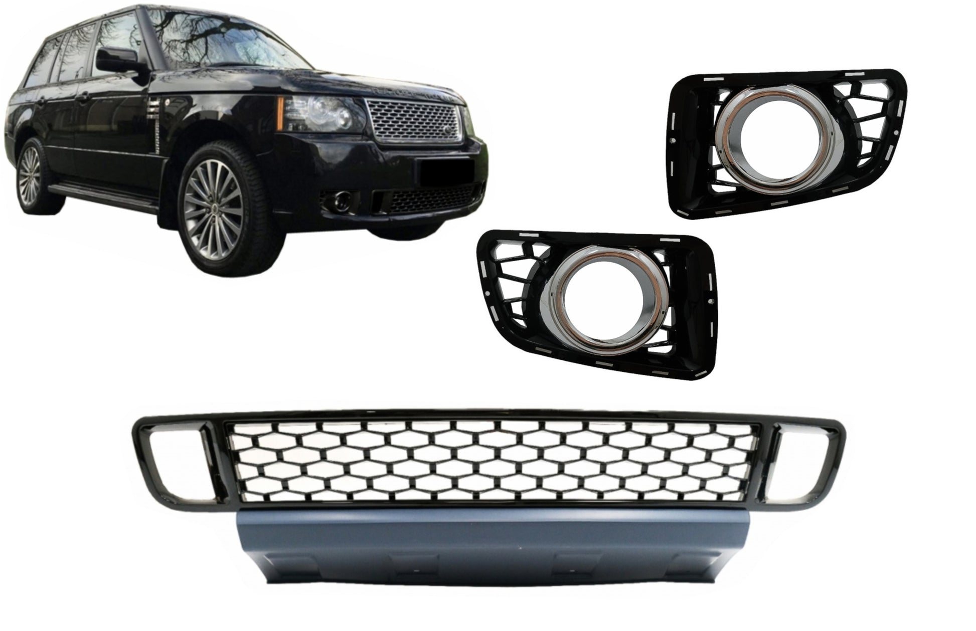 Frontstoßstange Unterer Kühlergrill Mit Nebelscheinwerferabdeckungen Passend Für Land Range Rover Vogue III L322 (2010-2012) Autobiographie Schwarz KITT