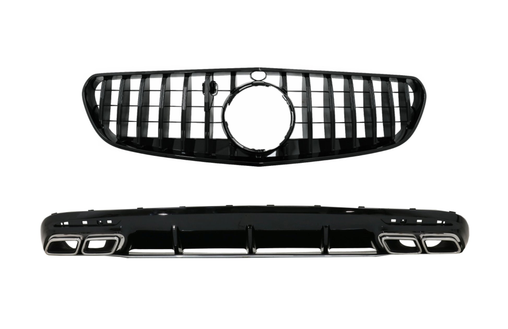 Heckstoßstangen-Luftdiffusor mit verchromten Endrohren und Mittelgitter schwarz passend für Mercedes S-Klasse C217 Coupe (2014-2017) S63 GT-R Design KITT