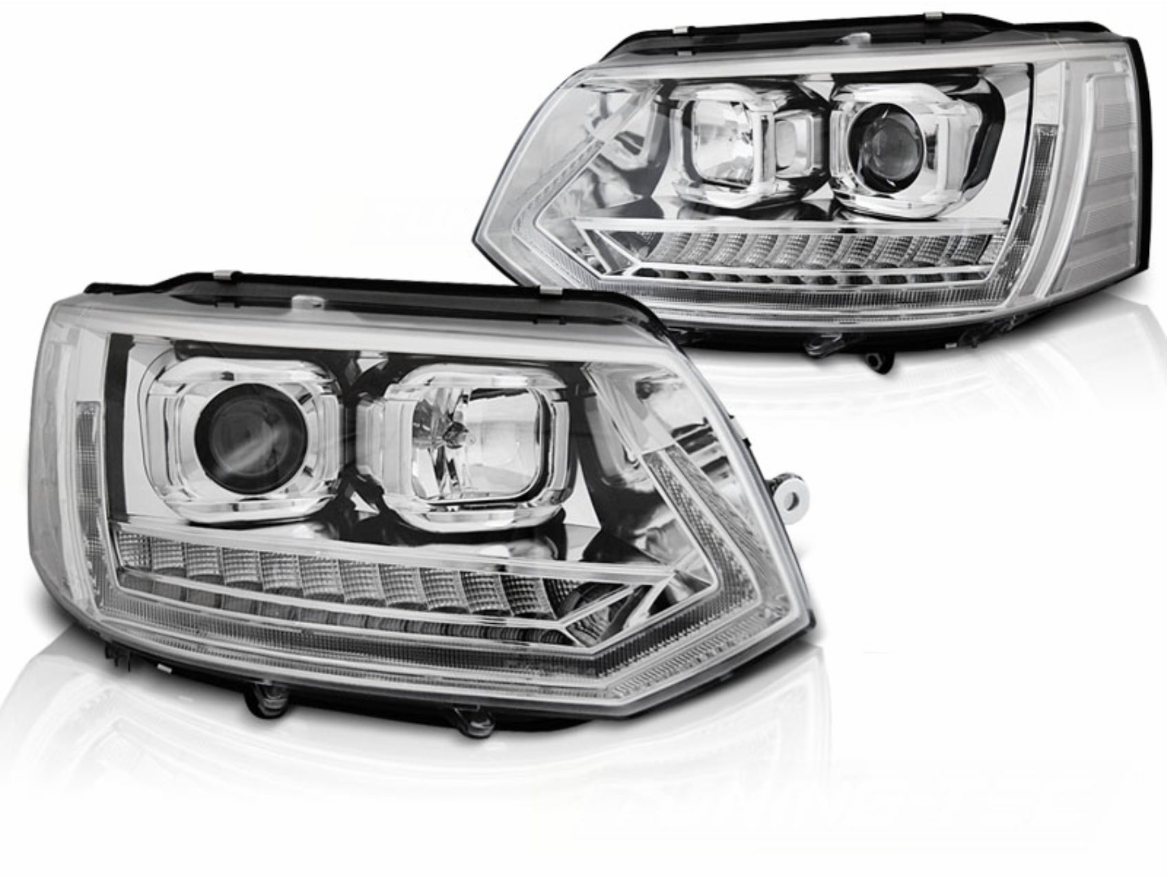 LED TFL Tube Light Scheinwerfer passend für VW Transporter T5.1 (2010-2015) mit dynamischen Blinkern Chrom KITT Lightning