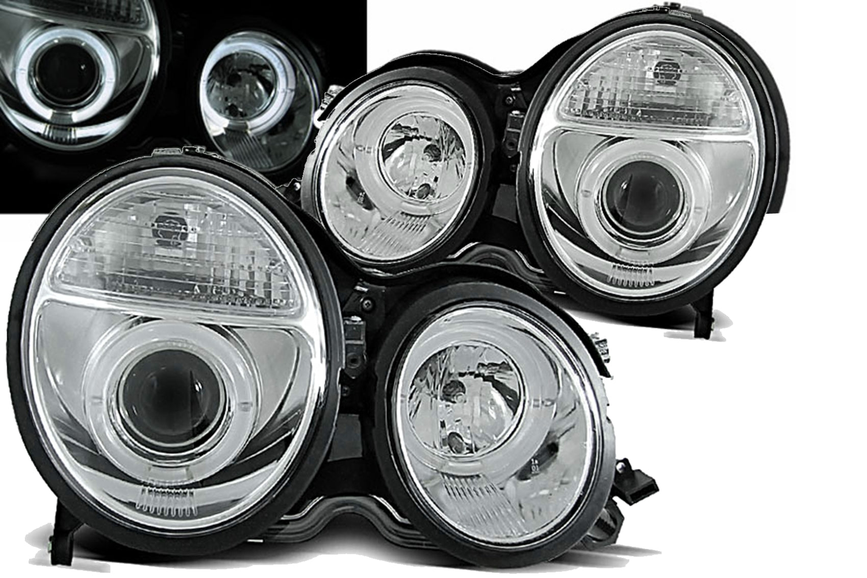 LED Angel-Eyes Scheinwerfer für Mercedes E-Klasse W210 06.1999–2002 Chrom Carpartstuning Austria