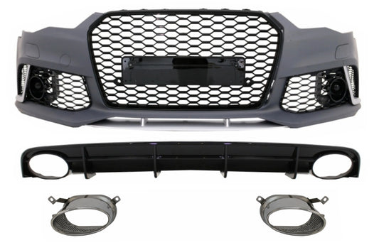 Frontschürze Passend Für Audi A6 4G Facelift (2015-2018) Mit Heckschürzendiffusor & Auspuffblenden RS6 Design Schwarz Nur S-Line Stoßstange KITT