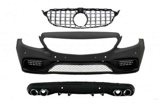 Frontstoßstange Mit Kühlergrill Chrom Und Diffusor & Endschalldämpfer Passend Für Mercedes C-Klasse W205 S205 (2014-2018) C63 Design KITT