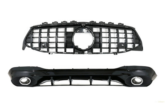Heckdiffusor Und Endrohre Silber Mit Frontgrill Piano Black Passend Für Mercedes CLA X118 Shooting Brake C118 Coupe Sport Line CLA35 GTR KITT