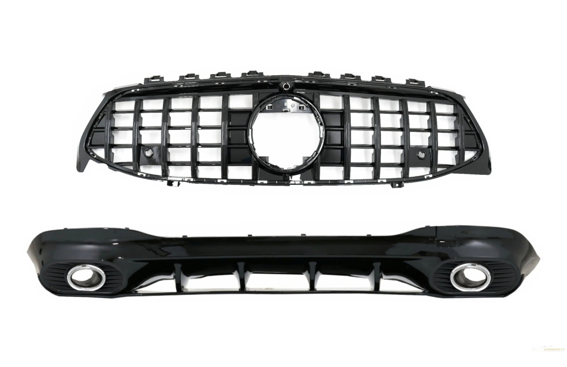 Heckdiffusor Und Endrohre Silber Mit Frontgrill Piano Black Passend Für Mercedes CLA X118 Shooting Brake C118 Coupe Sport Line CLA35 GTR KITT