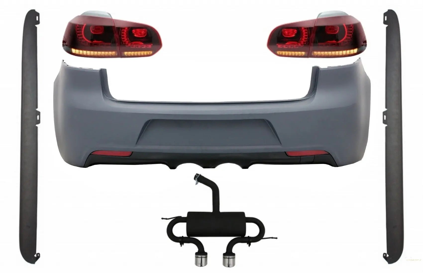 Heckstoßstange Mit Auspuffanlage Passend Für VW Golf VI (2008-2013) Seitenschweller Und Rückleuchten Voll-LED-Blinker Static Red Smoke R20 Design KITT