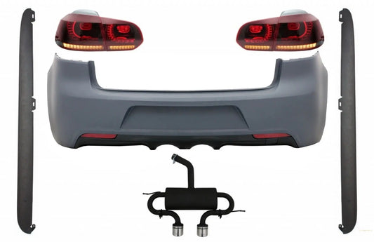 Heckstoßstange Mit Auspuffanlage Passend Für VW Golf VI (2008-2013) Seitenschweller Und Rückleuchten Voll-LED-Blinker Static Red Smoke R20 Design KITT
