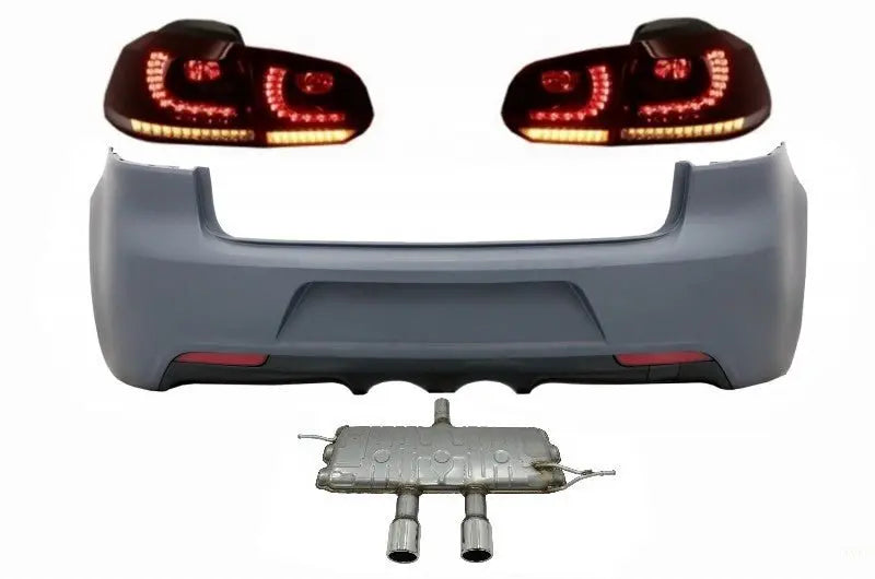 Heckstoßstange Passend Für VW Golf VI (2008-2013) R20 Design Mit Rückleuchten Voll-LED Rot/Smoke Und Kompletter Auspuffanlage KITT