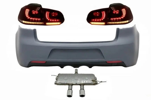Heckstoßstange Passend Für VW Golf VI (2008-2013) R20 Design Mit Rückleuchten Voll-LED Rot/Smoke Und Kompletter Auspuffanlage KITT