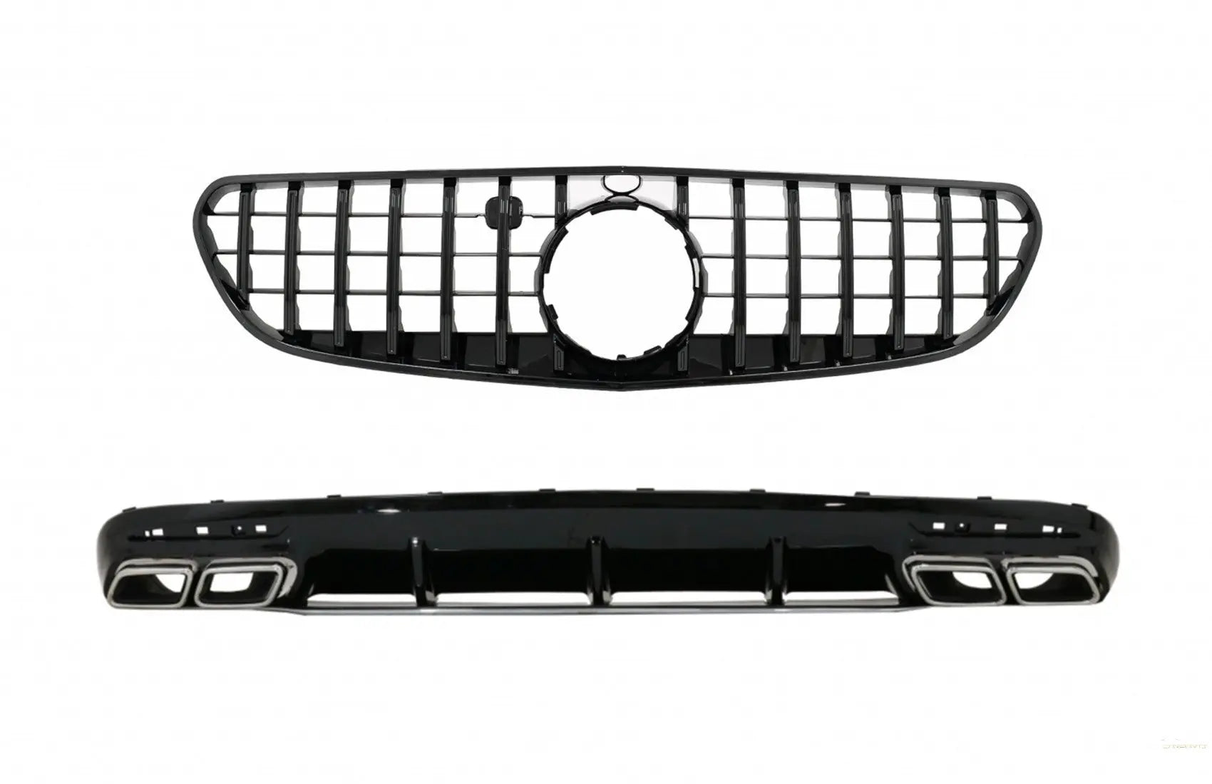 Heckstoßstangen-Luftdiffusor Mit Verchromten Endrohren Und Zentralem Kühlergrill Schwarz Passend Für Mercedes S-Klasse C217 Coupé S63 GT-R Design KITT