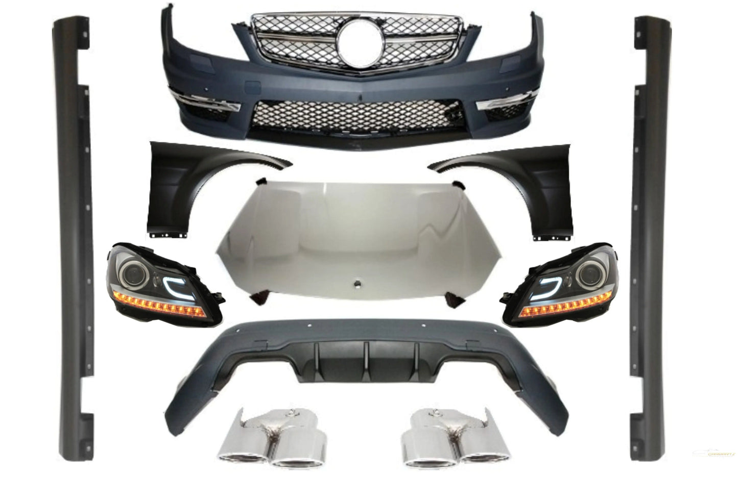 Komplettumbau-Nachrüst-Bodykit Mit Halogen-Scheinwerfern LED-Tagfahrlicht Passend Für Mercedes W204 (2007-2014) C-Klasse Facelift C63 Design KITT