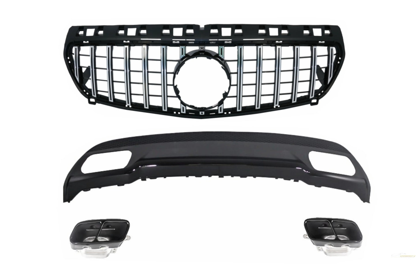 Luftdiffusor Für Heckstoßstange Mit Auspuffendrohr Passend Für Mercedes A-Klasse W176 (2012) Und Zentralgrill GT-R Panamericana Design Sport Pack KITT