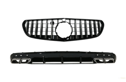Luftdiffusor Für Heckstoßstange Mit Verchromten Endrohren Und Mittelgitter Passend Für Mercedes S-Klasse C217 Coupé (2014-2017) S63 GT-R Design KITT