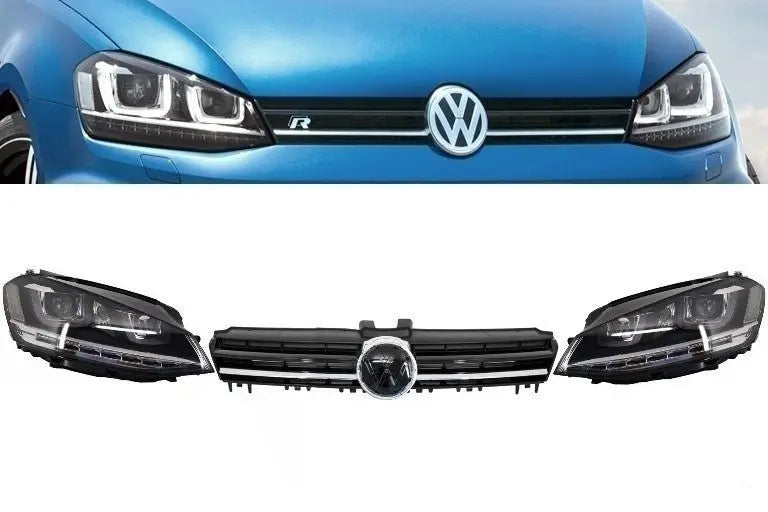 Montagescheinwerfer 3D LED Fließendes Dynamisches Sequentielles Blinklicht TFL Mit Gitter Passend Für VW Golf 7 VII (2012-2017) Silber R-Line Look KITT