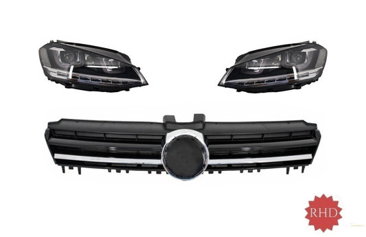 RHD Scheinwerfer LED Fließende Dynamische Sequentielle Abbiegelichter Mit Mittigem Gitter Passend Für VW Golf 7 VII R-Line Design Chromeinsätze KITT