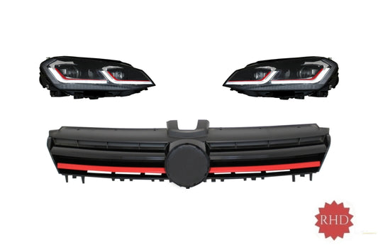 RHD Scheinwerfer LED Sequentielles Dynamisches Blinkerlicht Mit Gitter Passend Für VW Golf 7 VII (2013-2017) R Look Rot KITT