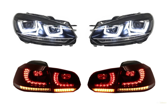 Scheinwerfer Chrom Und Rückleuchten Kirschrot Voll LED Passend Für VW Golf 6 VI (2008-2013) R20 U Design Dynamisches Sequentielles Abbiegelicht LHD KITT