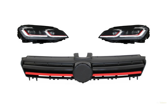 Scheinwerfer LED Sequentieller Dynamischer Blinker Mit Gitter Passend Für VW Golf 7 VII (2013-2017) R Look Rot KITT