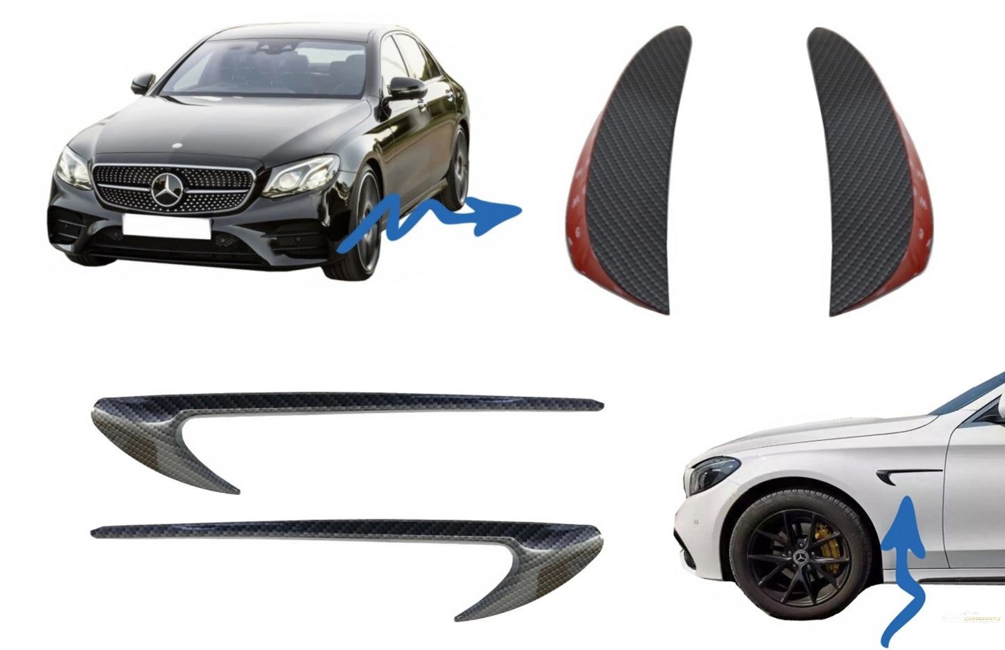Seitliche Kotflügelausströmer Zierflügel Mit Frontschürzenklappen Seitenfinnen Flics Passend Für Mercedes E-Klasse W213 S213 Carbon Look Edition KITT