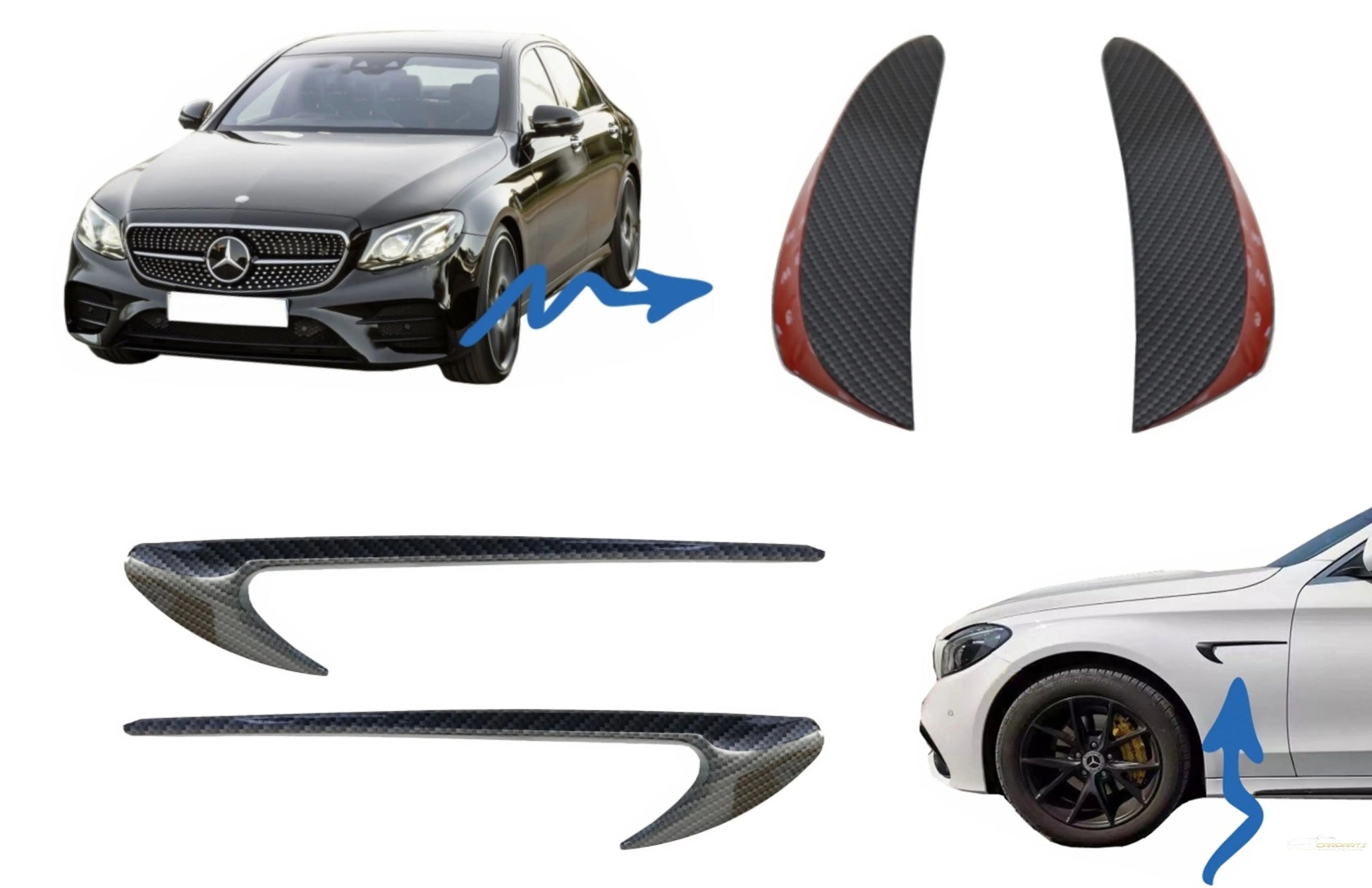 Seitliche Kotflügelausströmer Zierflügel Mit Frontschürzenklappen Seitenfinnen Flics Passend Für Mercedes E-Klasse W213 S213 Carbon Look Edition KITT