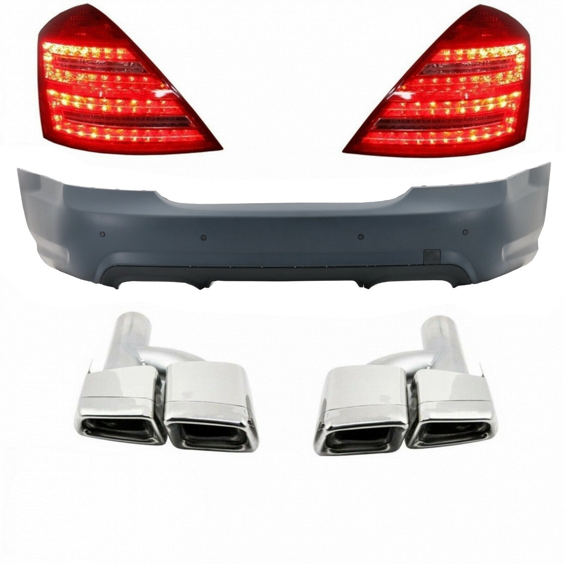 Heckstoßstange für MERCEDES S W221 2005-2010 Auspuff Schalldämpfer Tipps LED Rückleuchten CarPartsTuning