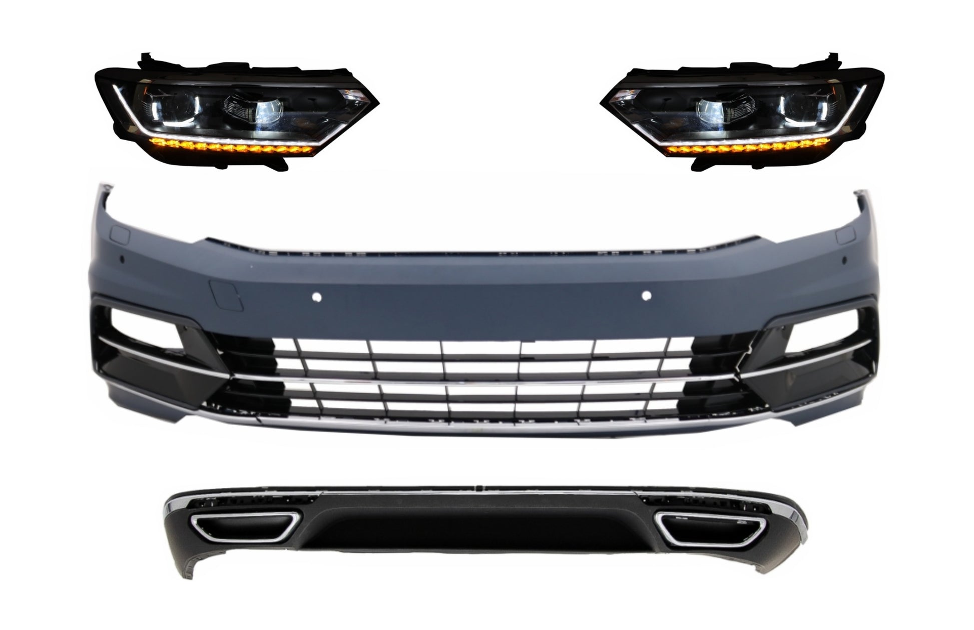 Frontstoßstange mit Scheinwerfern und Heckstoßstangendiffusor passend für VW Passat B8 3G (2015-2018) R-Line Design KITT