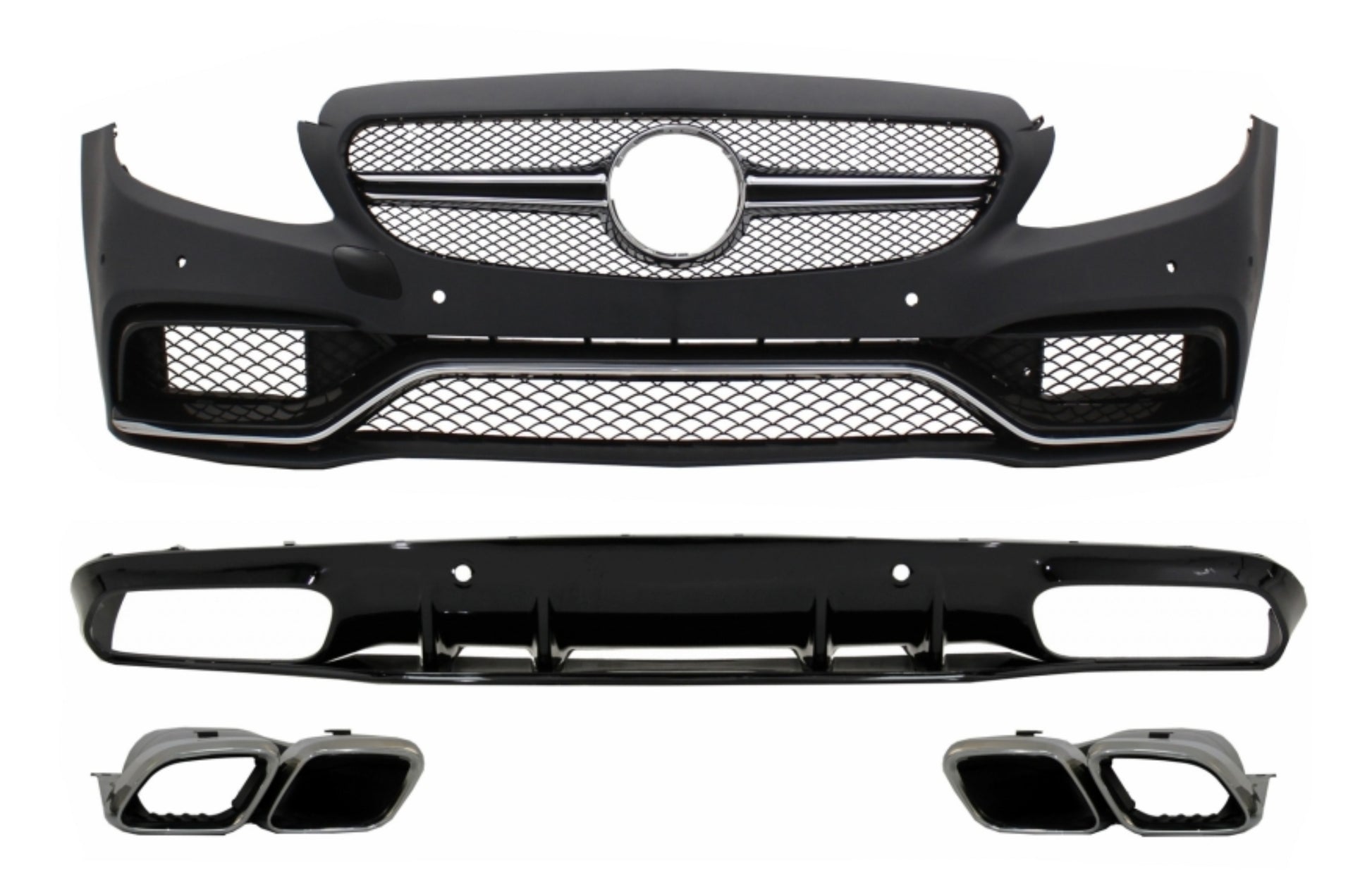 Stoßstange für Mercedes C C205 A205 14-19 C63S Design Silberne Spitzen Diffusor CarPartsTuning